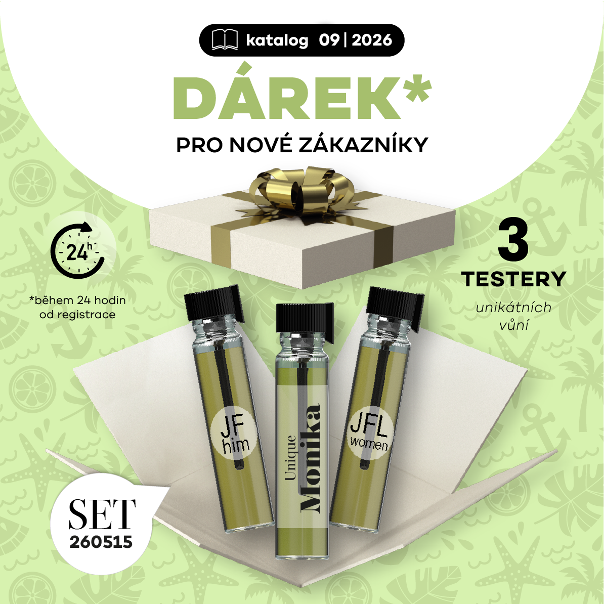 Při objednávce do 24h od registrace 3 TESTERY VŮNÍ ZDARMA.